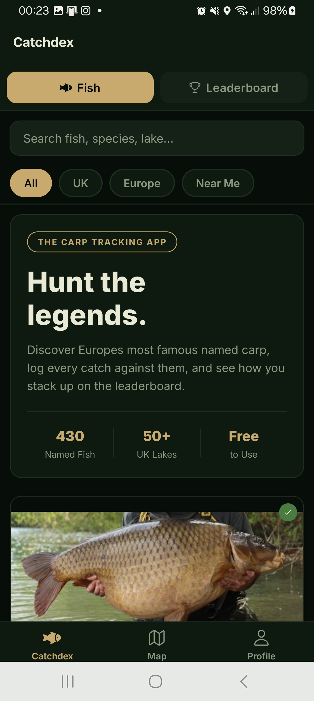 Carpdex home screen